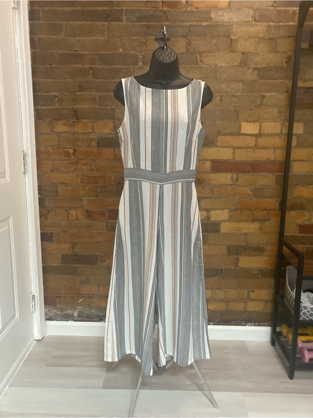 Velvet Torch Striped Wide-Leg Jumpsuit in White, Gray and Tan